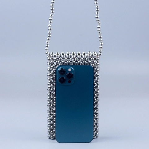 Handgefertigte Perlen Umhängetasche Handy Silver Rotes Herz Kontrast Mini Vertikale Rechteckige Tasche Mit Perlenkette