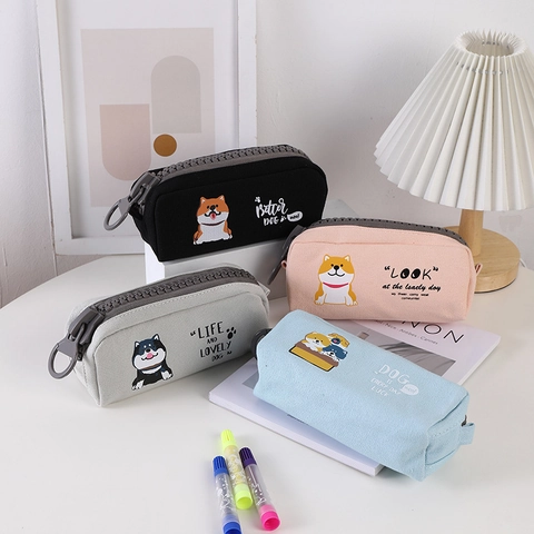 Astuccio In Tela Con Grande Cerniera Simpatico Cartone Animato Shiba Inu Modello Cane Borsa Di Cancelleria Per Studenti