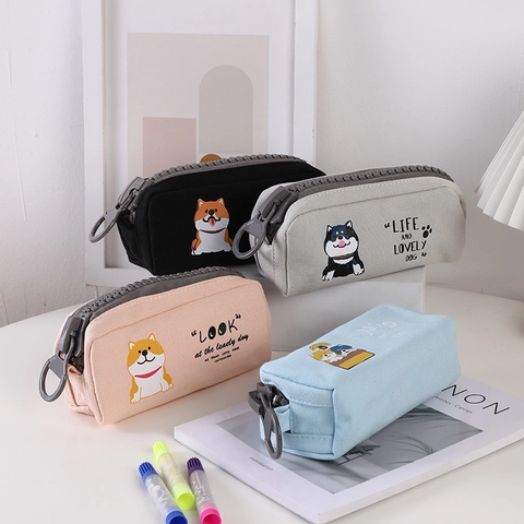 Astuccio In Tela Con Grande Cerniera Simpatico Cartone Animato Shiba Inu Modello Cane Borsa Di Cancelleria Per Studenti