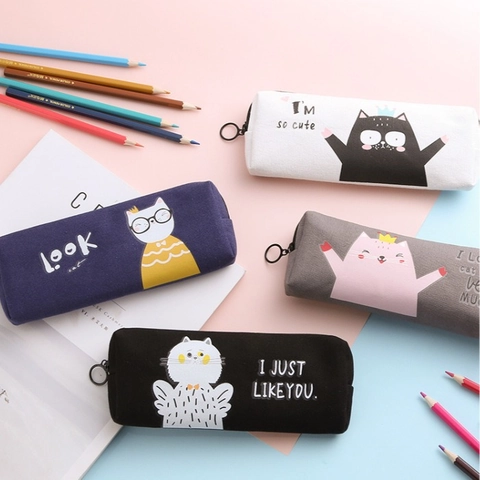 Tekenfilm Kat Canvas Etui Grote Capaciteit Japans Schattig Kittens Briefpapier Tas Met Ring Rits Voor School Kantoor Vrouwen