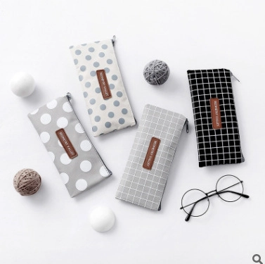 Estuche De Lápices De Lona Simple Alta Capacidad Patrón De Puntos Y Cuadrícula Bolsa Con Cremallera Suministros Escolares