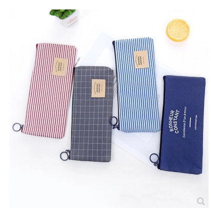Astuccio Minimalista in Tessuto Oxford a Righe Grande Capacità Borsa per Cancelleria Con Cerniera ad Anello in Metallo