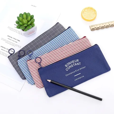 Astuccio Minimalista in Tessuto Oxford a Righe Grande Capacità Borsa per Cancelleria Con Cerniera ad Anello in Metallo