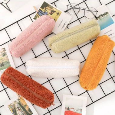 Lambswool Pencil Case Fleece Plush Stationery Storage Bag With Zipper Soft Cute For School Students Office