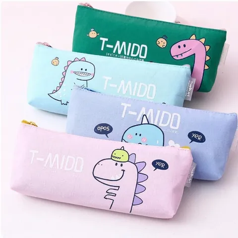 Leuke Cartoon Dinosaurus Canvas Pennenzak Grote Capaciteit Briefpapier Tas Rits Zakje Esthetische Student Schoolbenodigdheden