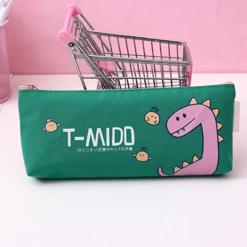 Leuke Cartoon Dinosaurus Canvas Pennenzak Grote Capaciteit Briefpapier Tas Rits Zakje Esthetische Student Schoolbenodigdheden