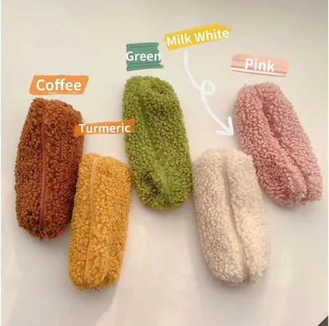 Plush Pencil Case Lamb Wool Stationery Bag Zipper Closure Fresh Solid Color Desktop Organizer For Student