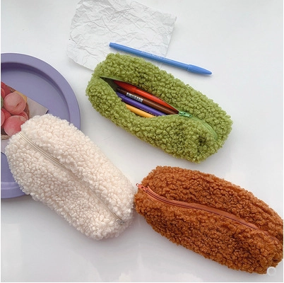 Plush Pencil Case Lamb Wool Stationery Bag Zipper Closure Fresh Solid Color Desktop Organizer For Student