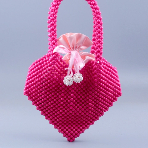 Heart Shaped Beaded Handbag Handmade Acrylic Beads With Satin Drawstring Liner Cute Fashion Bag For Women Rose Red