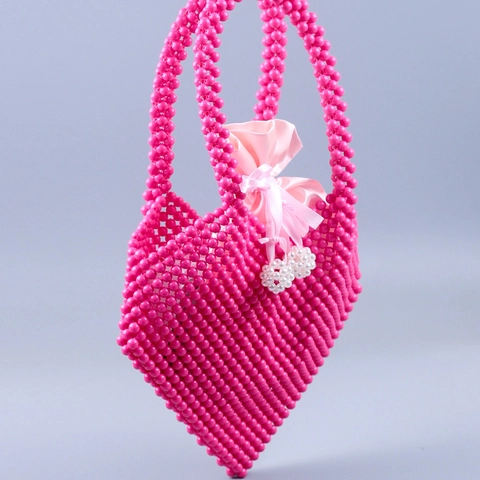 Heart Shaped Beaded Handbag Handmade Acrylic Beads With Satin Drawstring Liner Cute Fashion Bag For Women Rose Red
