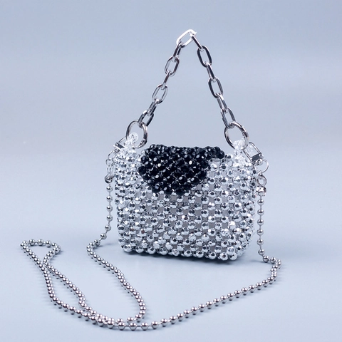 Handmade Beaded Shoulder Bag Acrylic Silver Black Contrast Mini Handheld Crossbody Chain Strap Fashion Streetwear Women