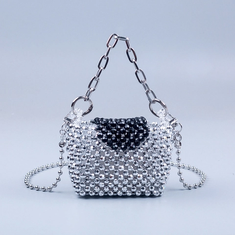 Handmade Beaded Shoulder Bag Acrylic Silver Black Contrast Mini Handheld Crossbody Chain Strap Fashion Streetwear Women