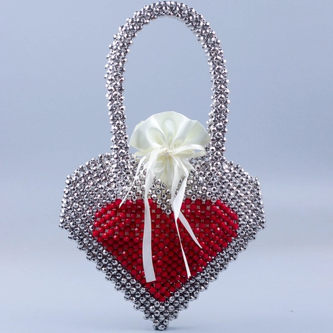 Heart Shaped Handbag Handmade Beaded Silver Red Acrylic Beads Woven Party Bag Banquet Evening Purse For Women