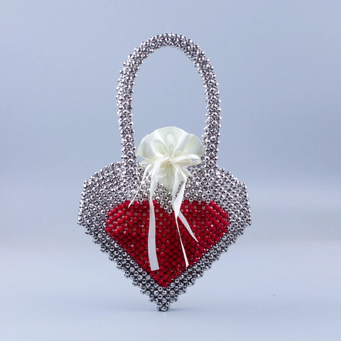 Heart Shaped Handbag Handmade Beaded Silver Red Acrylic Beads Woven Party Bag Banquet Evening Purse For Women