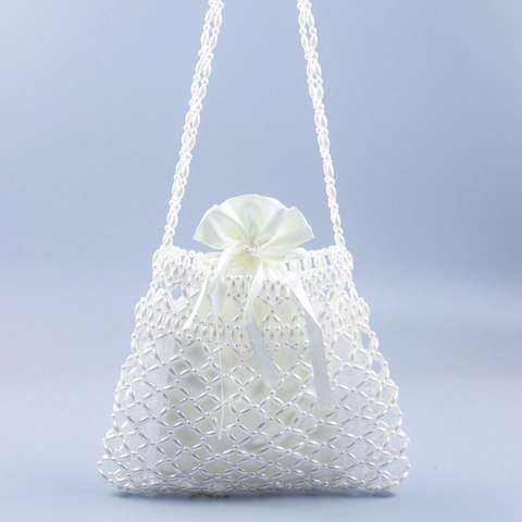 White Faux Artificial Pearl Beaded Crossbody Bag Handmade Woven Hollow Out Square Shoulder Bag With Satin Drawstring Liner Elegant