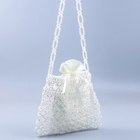 Elegant Handmade Beaded Crossbody Bag Faux Artificial Pearl Hollow Out Shoulder Bag With Satin Drawstring Pouch For Women