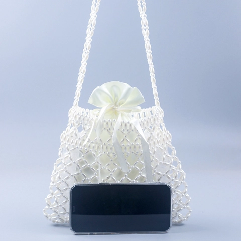 White Faux Artificial Pearl Beaded Crossbody Bag Handmade Woven Hollow Out Square Shoulder Bag With Satin Drawstring Liner Elegant