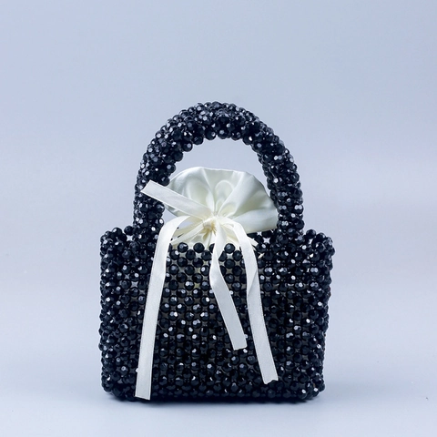 Handgefertigte Acrylperlen Handtasche Für Damen Elegante Gewebte Quadratische Tasche Mit Satin Kordelzug Innentasche Bankett Party Tasche
