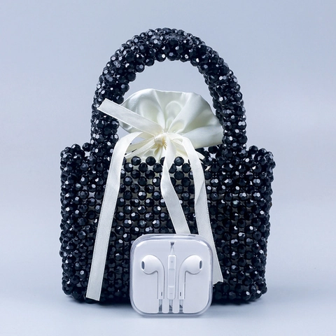 Handgefertigte Acrylperlen Handtasche Für Damen Elegante Gewebte Quadratische Tasche Mit Satin Kordelzug Innentasche Bankett Party Tasche