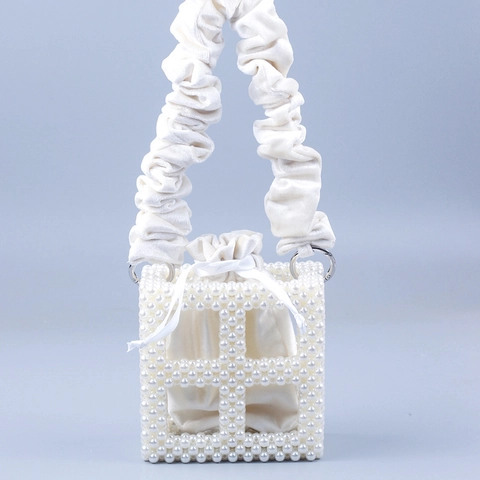 Handmade Beaded Artificial Pearl Handbag Hollow Square Acrylic Beads With Satin Pouch And Ruffled Fabric Handle Elegant Style For Women