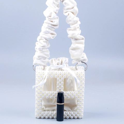 Handmade Beaded Artificial Pearl Handbag Hollow Square Acrylic Beads With Satin Pouch And Ruffled Fabric Handle Elegant Style For Women