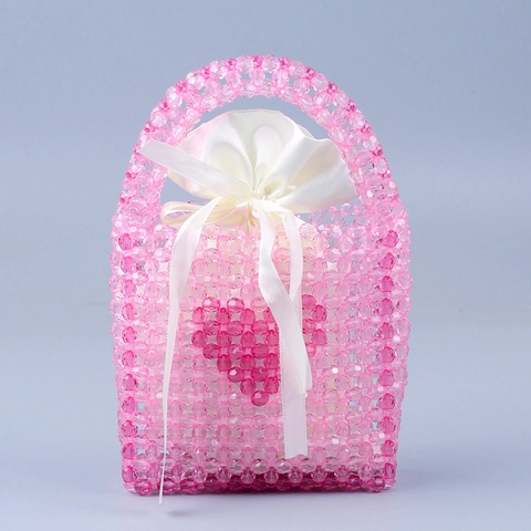 Handgefertigte Perlen Handtasche Mit Herzmuster Für Damen Acryl Gewebte Mini Tasche Mit Satinfutter Kordelzug Süße Rosa Geschenktasche