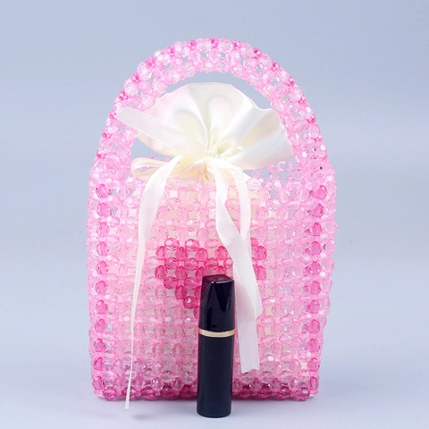 Handgefertigte Perlen Handtasche Mit Herzmuster Für Damen Acryl Gewebte Mini Tasche Mit Satinfutter Kordelzug Süße Rosa Geschenktasche