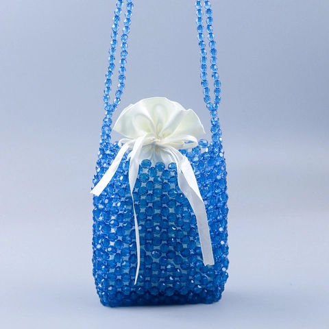 Handmade Acrylic Beaded Shoulder Bag For Women Fashion Woven Grid Phone Pouch With Satin Drawstring Inner Bag Blue Chain Strap