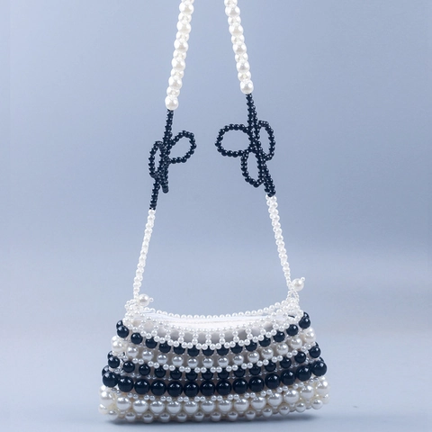 Bolso Bandolera De Cuentas Hecho A Mano Negro Blanco Acrílico Perla Artificial Sintética Color Contrastado Tejido Con Lazo
