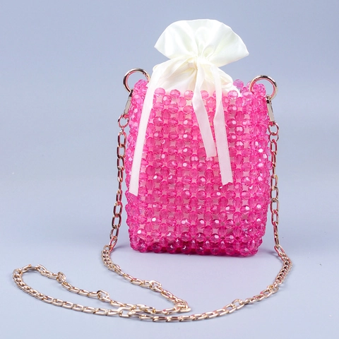 Handmade Beaded Shoulder Bag For Women Acrylic Woven Mini Crossbody With Satin Drawstring Inner And Metal Chain Aesthetic