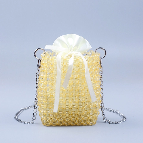 Handmade Beaded Shoulder Bag For Women Acrylic Woven Mini Crossbody With Satin Drawstring Inner And Metal Chain Aesthetic
