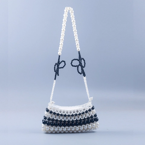 Bolso Bandolera De Cuentas Hecho A Mano Negro Blanco Acrílico Perla Artificial Sintética Color Contrastado Tejido Con Lazo