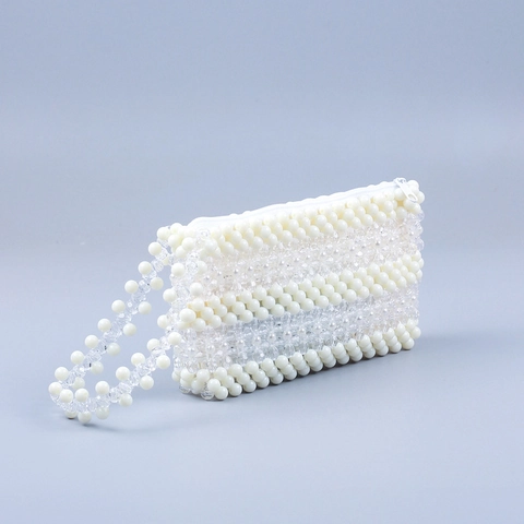 Handmade Beaded Clutch Bag Acrylic White Transparent Artificial Pearls Zipper Wristlet Woven Evening Party Handbag For Women