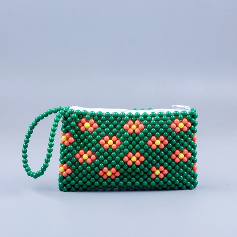 Handgemaakte Acryl Kralen Clutch Tas Bloemenpatroon Geweven Telefoontasje Met Polsbandje Retro Street Style Voor Dames