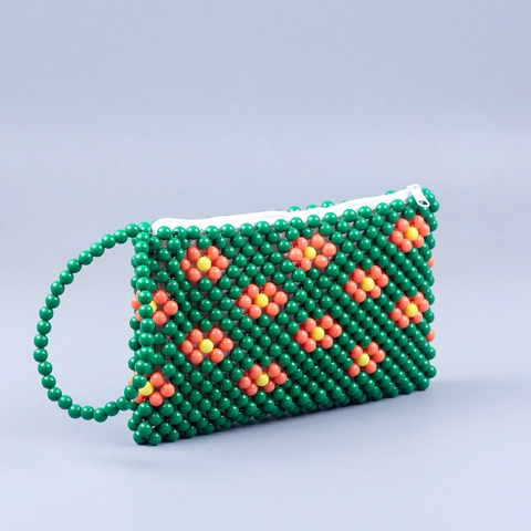 Handgemaakte Acryl Kralen Clutch Tas Bloemenpatroon Geweven Telefoontasje Met Polsbandje Retro Street Style Voor Dames
