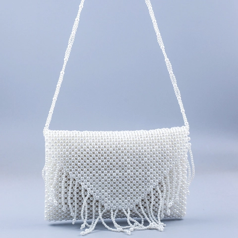 Sac Bandoulière en Künstliche Perles Tissées Main pour Femme Pochette de Soirée Perlée à Pompon Blanc Sac à Épaule en Künstliche Perles d'Imitation pour Mariage