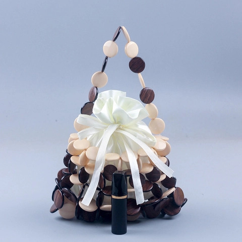Sac à Main en Perles de Bois Tissé à la Main pour Femmes Géométrique Ajouré Cordon Doublure en Satin Mini Sac Fourre-Tout