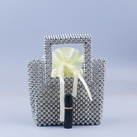 Borsa A Mano Con Perline Argento Lucido Borsa Intrecciata A Mano Quadrata Con Pochette Interna Coulisse Donna Festa Sera
