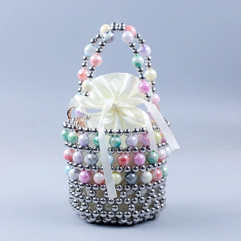 French Handmade Woven Beaded Mini Bucket Bag With Satin Drawstring Inner Bag Elegant Acrylic Artificial Pearl Handbag For Women