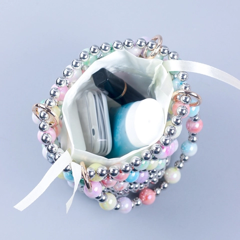 French Handmade Woven Beaded Mini Bucket Bag With Satin Drawstring Inner Bag Elegant Acrylic Artificial Pearl Handbag For Women
