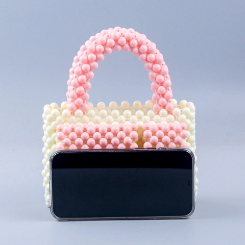 Handmade Beaded Handbag Acrylic Artificial Pearl Woven Mini Tote Contrast Color Square Sweet Casual Style Women