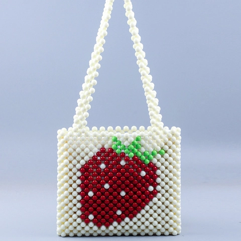 Handgefertigte Perlen Schultertasche Erdbeermuster Acrylperlen Achseltasche Frischer Süßer Stil Für Damen