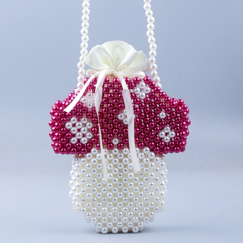 Cute Mushroom Shape Handmade Artificial Pearl Beaded Crossbody Bag For Women Acrylic Beaded Shoulder Pouch With Satin Drawstring