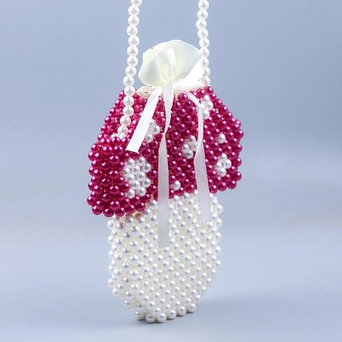 Cute Mushroom Shape Handmade Artificial Pearl Beaded Crossbody Bag For Women Acrylic Beaded Shoulder Pouch With Satin Drawstring