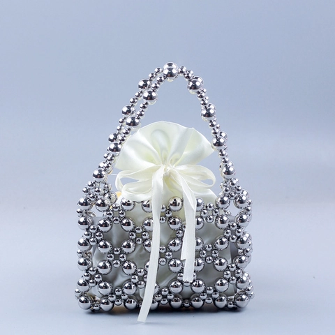 Borsa A Mano Con Perline Argento Fatta A Mano Con Pochette In Raso Coulisse Mini Borsa Da Sera Per Donna