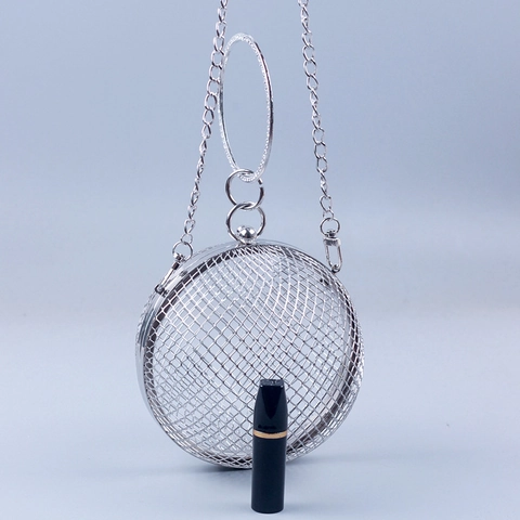 Sphärische Abendtasche Hohles Metallgeflecht Runder Ball Clutch Mit Strass Ring Griff Und Abnehmbarer Kette Für Damen