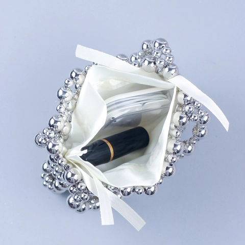 Borsa A Mano Con Perline Argento Fatta A Mano Con Pochette In Raso Coulisse Mini Borsa Da Sera Per Donna