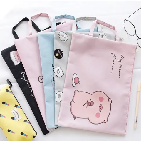 Documententas Grote Capaciteit Oxford Doek Handheld Dossierorganizer Opbergtas Met Rits Schattige Cartoon Varken Print Student Kantoor