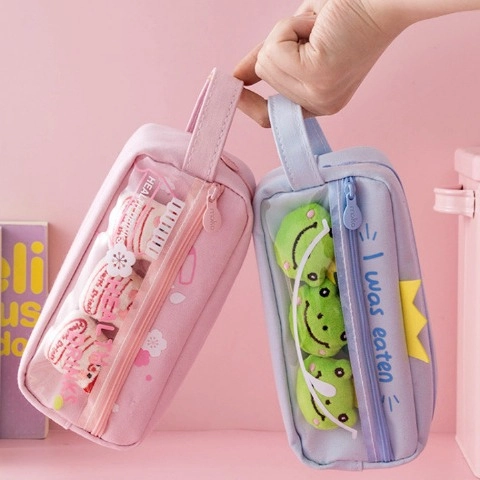 Astuccio in Tela ad Alta Capacità con Finestra Trasparente Cartone Animato Carino Borsa di Cancelleria Portatile per Studenti Ragazze Bambini