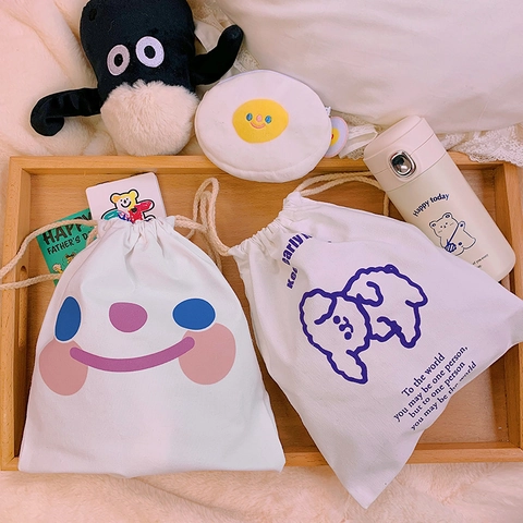 Sac De Rangement À Cordon En Toile Mignon Chien De Dessin Animé Visage Souriant Pochette Réutilisable Pour Maquillage